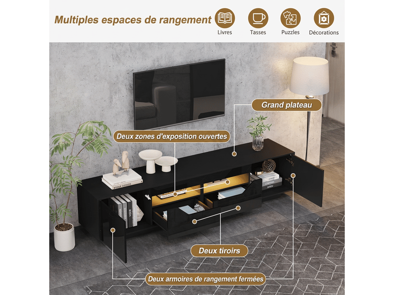  Meuble tv 180 cm noir brillant pour téléviseur 75 pouces avec éclairage led et 2 tiroirs  - Conforama D