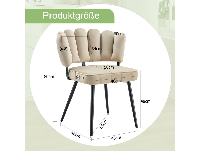  Lot de 2 chaises de salle à manger 60x46x80 cm, beige et noir, dossier fleur adapté, chaise cuisine, métal+tissu  - Conforama C
