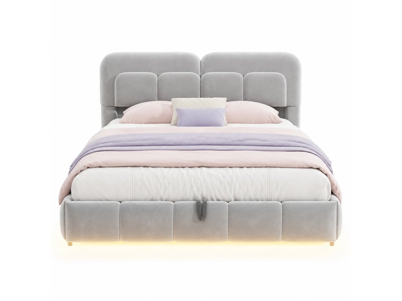  Lit coffre 140 × 200 cm 2 places avec led réglable et rangement hydraulique, sans matelas, en velours gris  - Conforama A