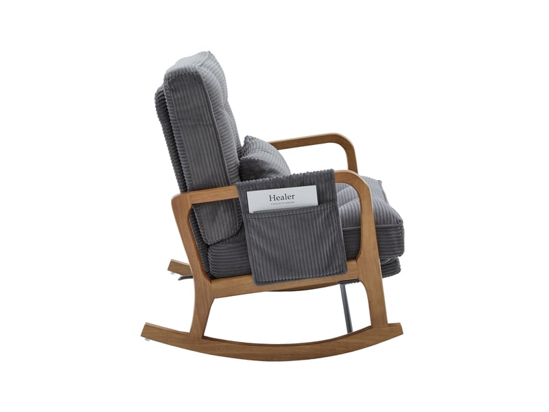  Fauteuil à bascule moderne en velours côtelé gris avec repose-pieds et coussin lombaire  - Conforama E