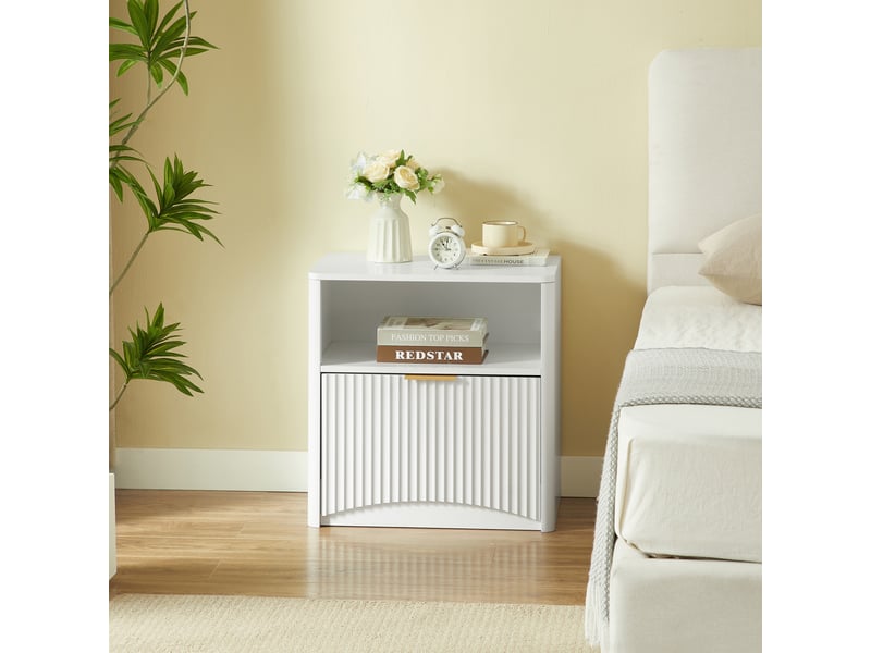  Table de chevet 58x38x60 cm – 1 grand tiroir cannelé &amp; 1 niche – style scandinave &amp; rétro chic - bois - blanc  - Conforama E