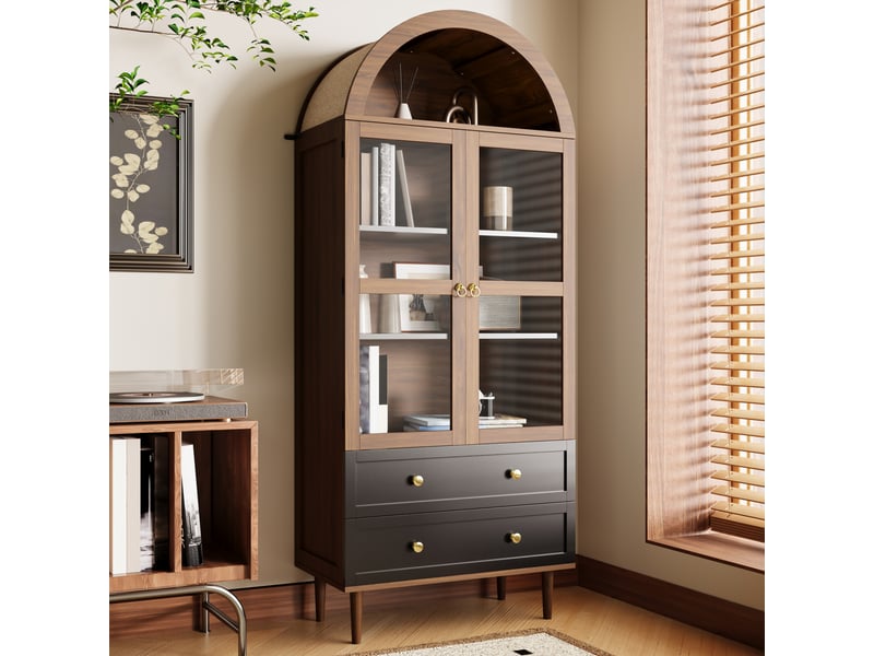  Buffet avec étagères réglables et portes vitrées pour salle à manger en mdf 70×38×165 cm noyer  - Conforama B