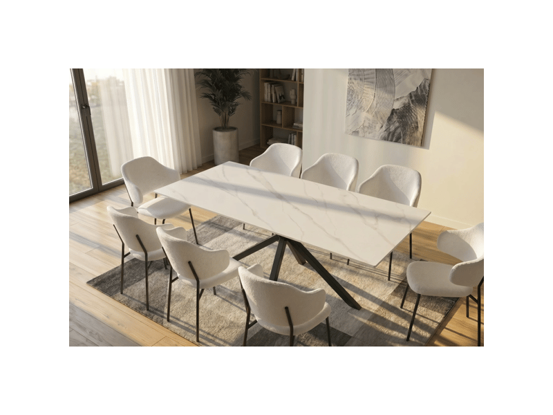  Table solara 180 cm en céramique effet marbre blanc avec pied étoile noir – 8 places  - Conforama B