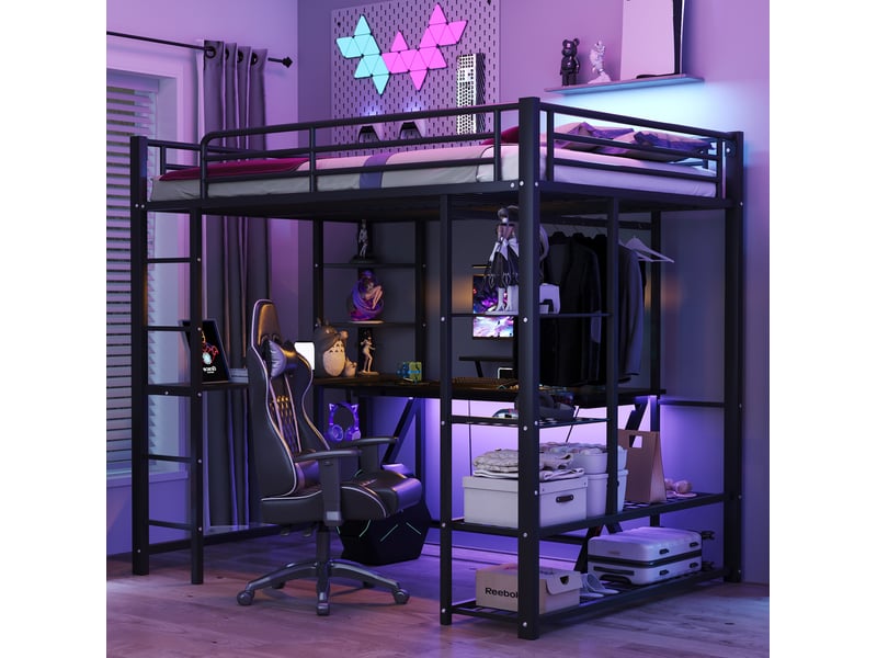 Lit mezzanine double 140x200 cm en métal noir avec bureau, penderie et étagères - Conforama B