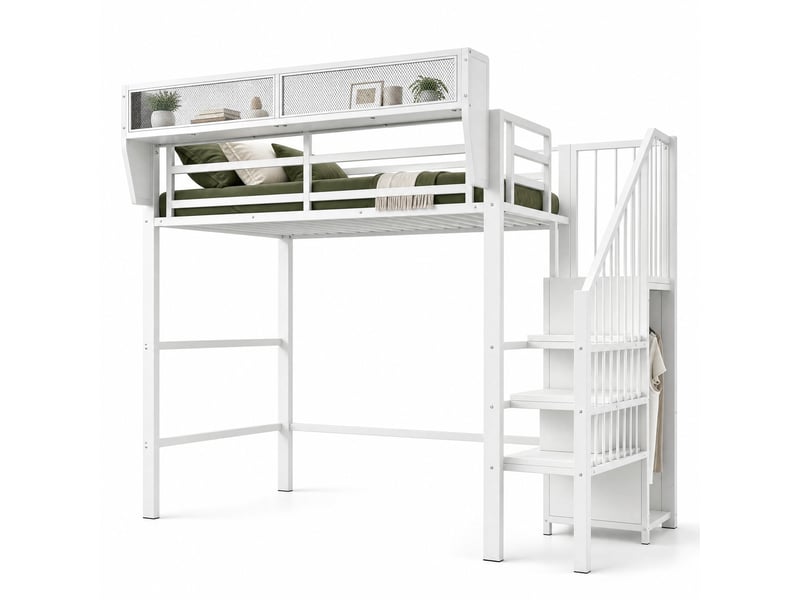 Lit mezzanine,90x200 cm,avec led et échelle de sécurité,métal,blanc - Conforama A