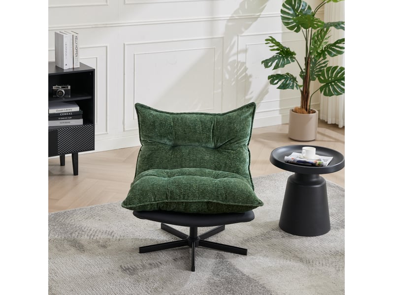 Fauteuil pivotant relax avec dossier réglable et assise en chenille, base métallique noire, vert foncé et noir - Conforama E