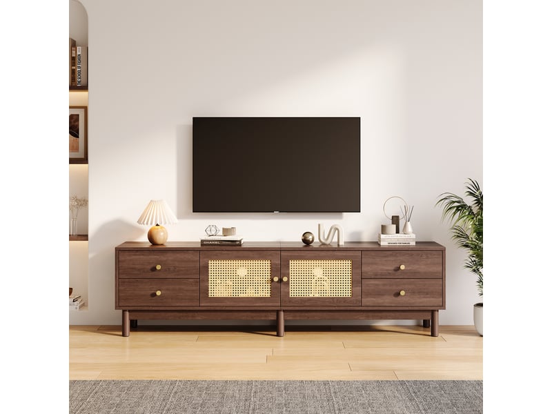  Meuble tv 180 cm bois foncé portes en rotin 4 tiroirs pour écran jusqu'à 80 pouces  - Conforama W