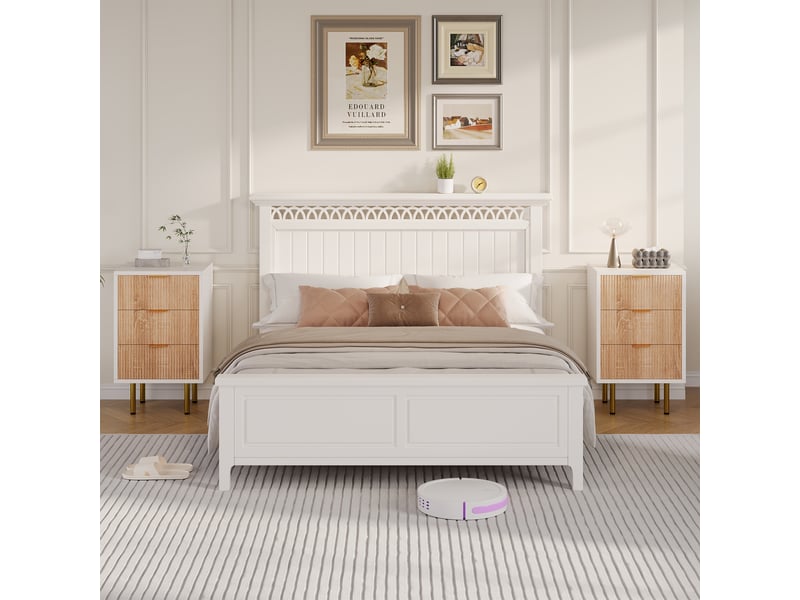  Lot de 2 tables de chevet 3 tiroirs, corps blanc façades aspect bois cannelé, poignées et pieds métalliques dorés, meuble de rangement pour chambre  - Conforama C
