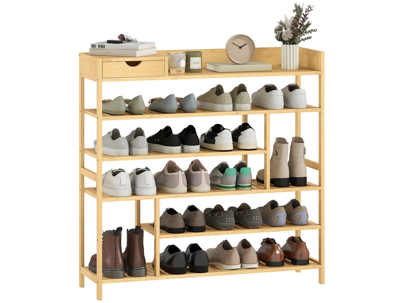 Meuble à chaussures bambou 6 niveaux + tiroir, 18 paires jusqu'à pointure 44. Anti-basculement, patins antidérapants, 101x30x100 cm, charge 30 kg  - Conforama A