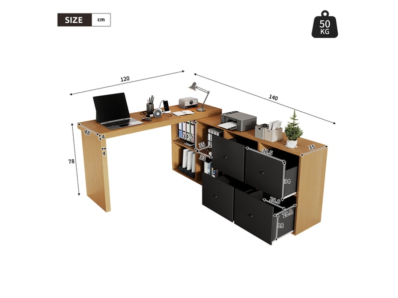  Bureau d'angle pivotant 360 en l, bureau informatique modulable avec 4 tiroirs et compartiments, plateau renforcé de 4 cm, noir et chêne  - Conforama C