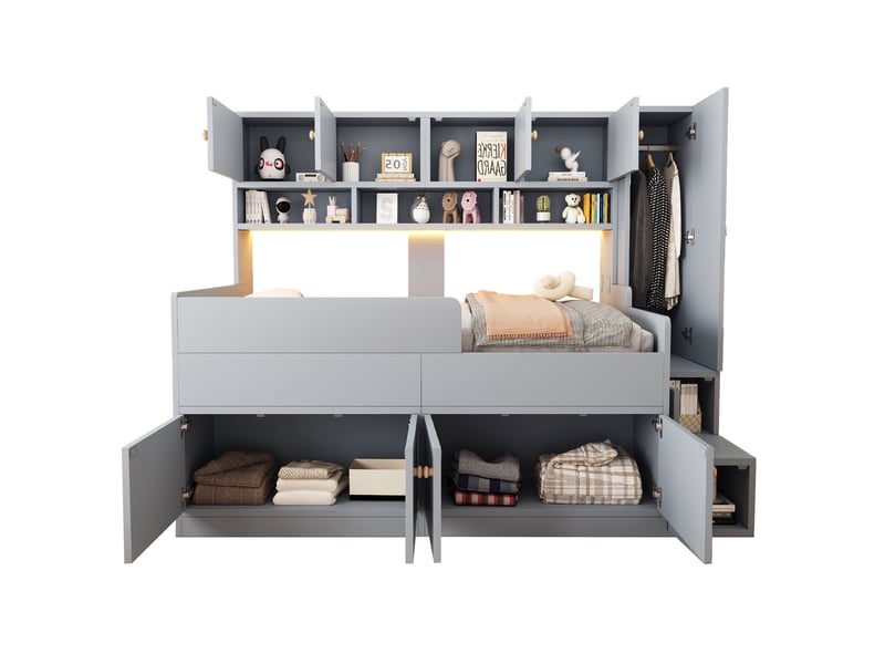 Lit enfant 90x200 cm, lit combiné avec rangement et led, gris, sans matelas - Conforama A
