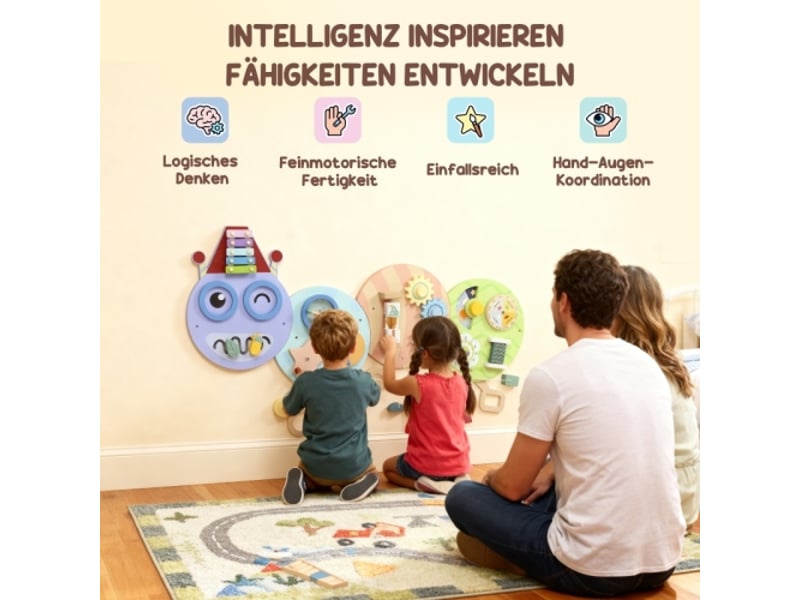  Jouet mural 7 en 1, xylophone, engrenages, design chenille, mdf, 108 cm, multicolore  - Conforama D