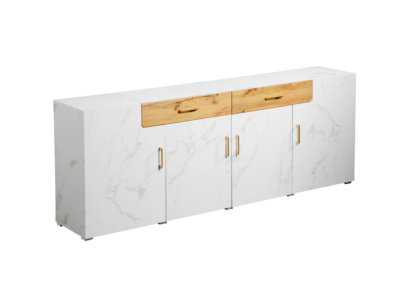  Buffet 4 portes 2 tiroirs meuble tv 208 cm blanc marbré et chêne  - Conforama A