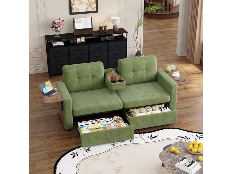  Canapé 2 places modenvie avec rangement et tablettes réglables 178 x 71 x 57,5 cm chenille vert  - Conforama D