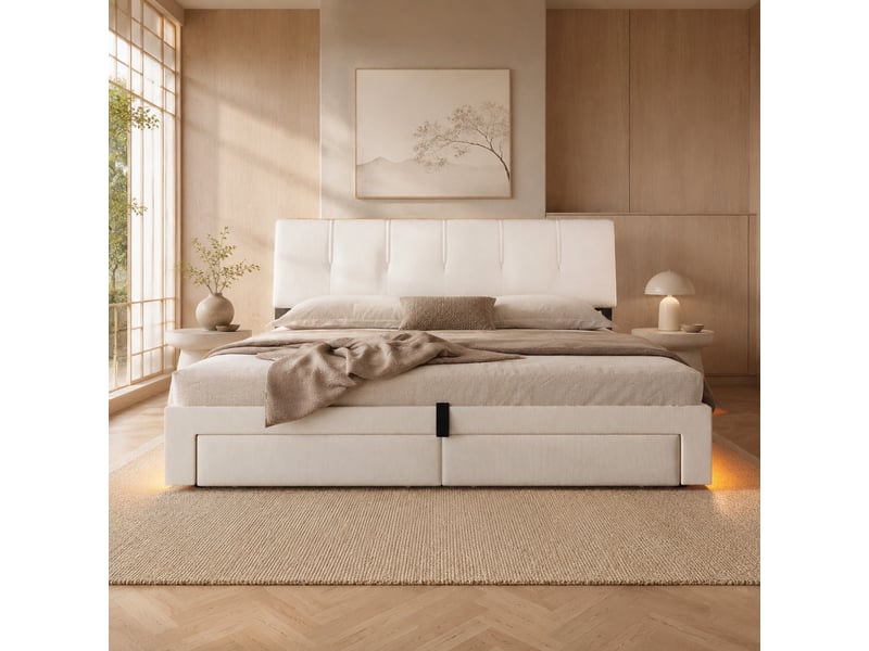  Lit coffre 180x200 cm beige en lin avec led, usb et usb-c  - Conforama B