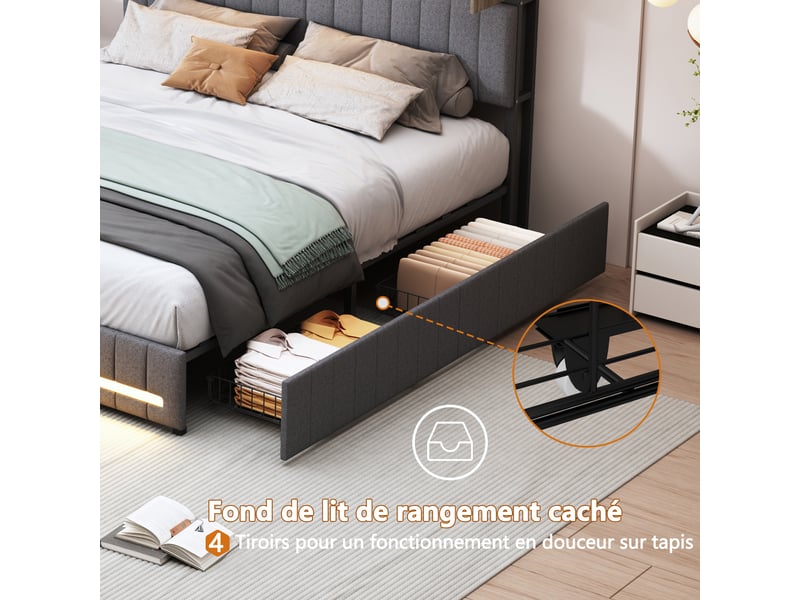  Lit 140x190 cm avec led et 4 tiroirs,lit capitonné double,usb et type-c,tête de lit rangement,sommier à lattes,gris, lin  - Conforama R