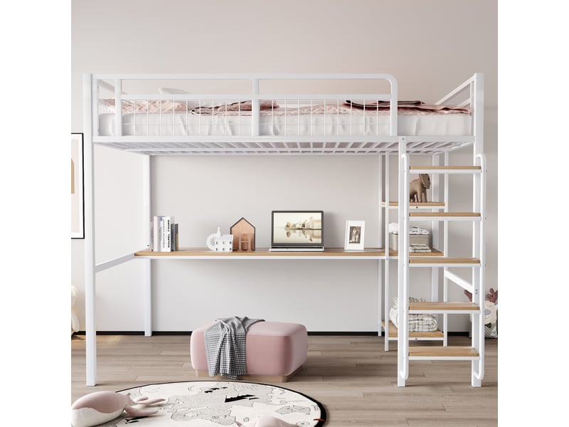  Lit mezzanine enfant 140x200 cm avec table, étagère, garde-corps, escalier, sommier, métal blanc, sans matelas  - Conforama B
