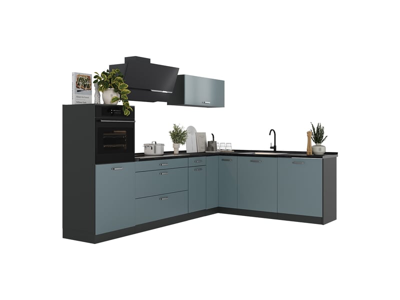 Vicco cuisine en angle, bleu-grisanthracite, 287 x cm plan de travail chêne doré - Conforama E