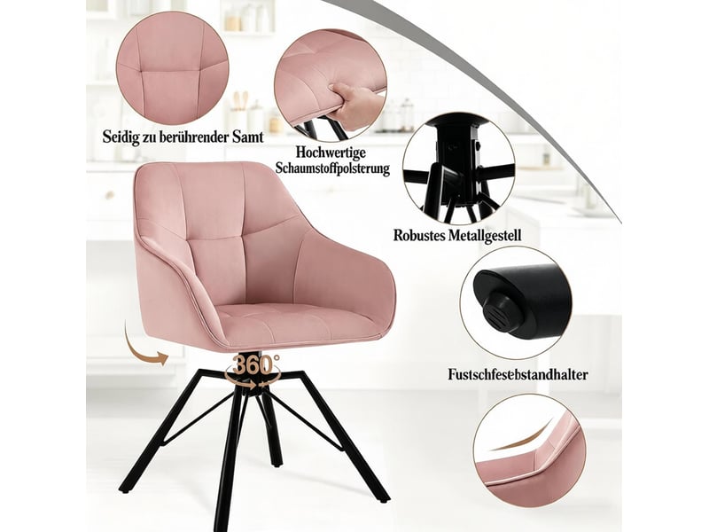  Lot de 2 chaises de salle à manger pivotantes 360° en velours rose avec accoudoirs, style design contemporain  - Conforama D