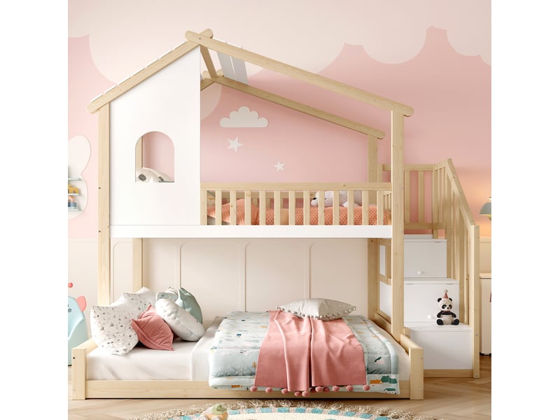  Lit superposé enfant 90x200 cm et 140x200 cm avec escalier de rangement naturel et blanc  - Conforama E