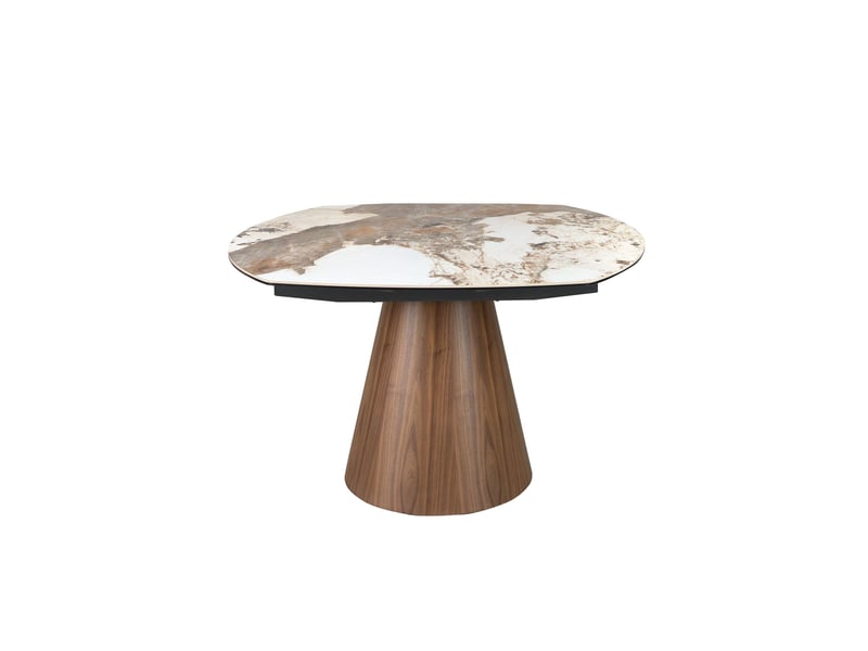 Table de salle à manger extensible ovale en forme de tonneau en marbre porcelanique et bois de noyer  - Conforama B