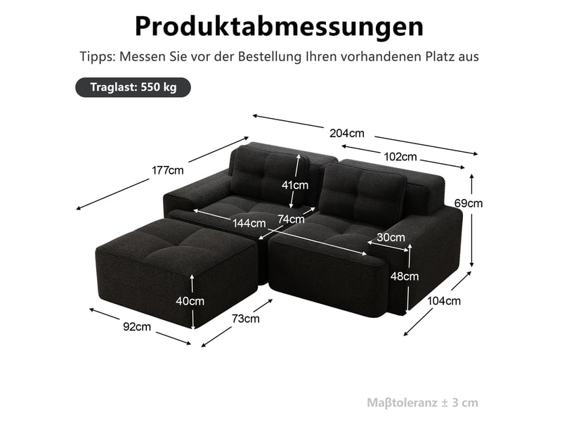 Canapé d'angle modulable ulevr 2 places convertible en velours côtelé noir, 204 x 177 x 69 cm - Conforama C