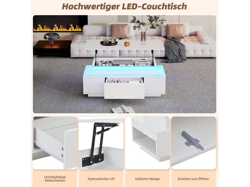  Table basse relevable avec 1 tiroir, niches ouvertes et rangement intégré, led, pour salon, 96 × 45 × 40 cm, blanc  - Conforama E