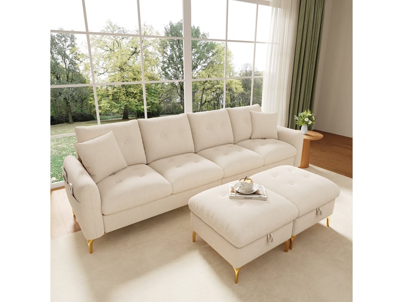Canapé modulable en u convertible 4 places 263 x 137 x 85 cm, 2 poufs coffre, 2 coussins décoratifs, chenille, beige OMNIGLINT TRADING LTD - Conforama E