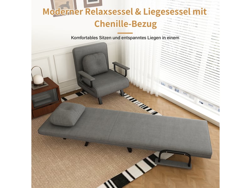  Fauteuil relax convertible - 60x60x80cm - chauffeuse lit 185cm, dossier 5 positions 180°, chenille, métal - gris élégant  - Conforama C