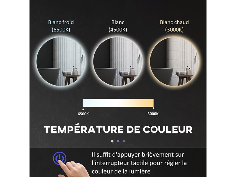  Miroir rond lumineux led de salle de bain ø 60 cm mural avec éclairage interrupteur tactile système antibuée  29 w gris  - Conforama R