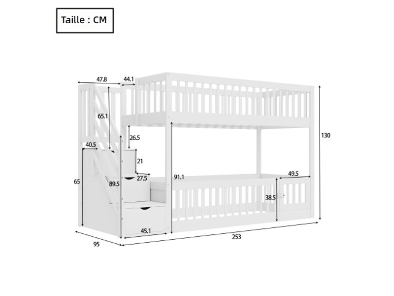 Lit superposé 90x200 cm en bois blanc avec escalier sécurisé et tiroirs de rangement pour enfants et adolescents BUBBLY - Conforama C