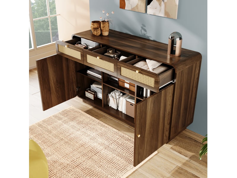  Buffet bas noyer 120 x 40 x 85 cm avec 3 tiroirs, 2 placards et étagère ouverte  - Conforama B