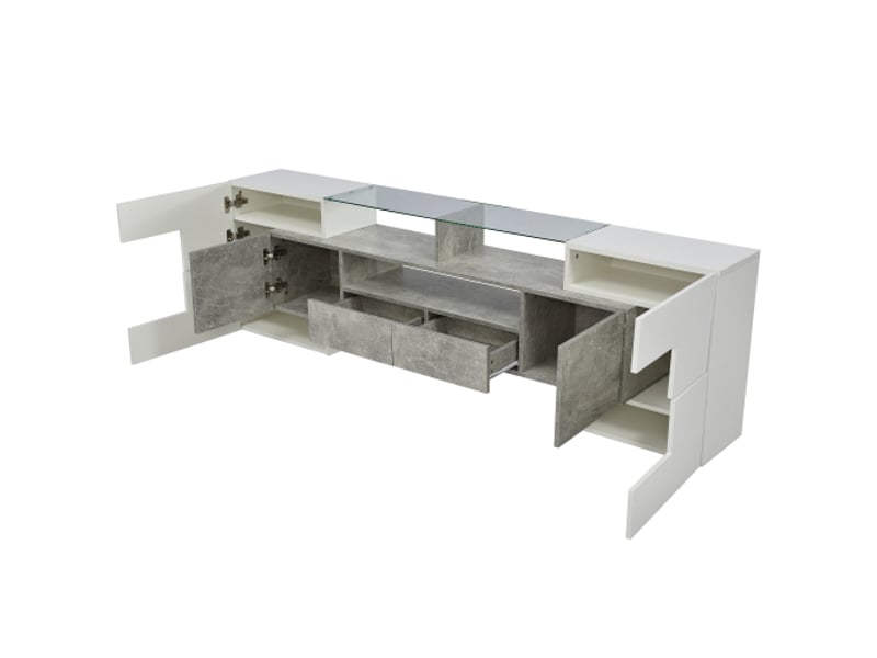  Meuble tv gris et blanc, meuble tv 200 cm avec éclairage led, 6 portes et 2 tiroirs, plateau en verre, 3 rangements ouverts  - Conforama E