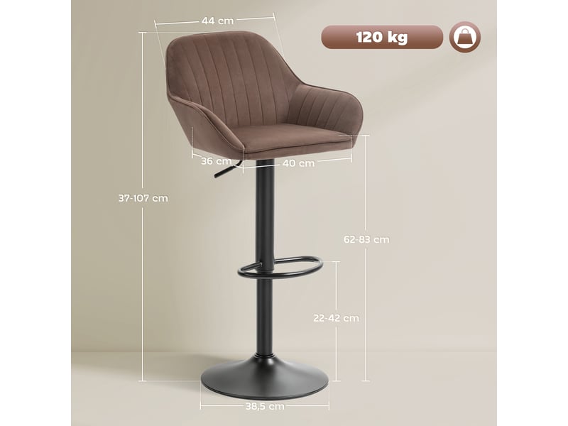  Lot de 2 tabourets de bar pivotants, hauteur réglable de 62 à 83 cm, revêtement en velours, dossier et repose-pieds, marron  - Conforama E