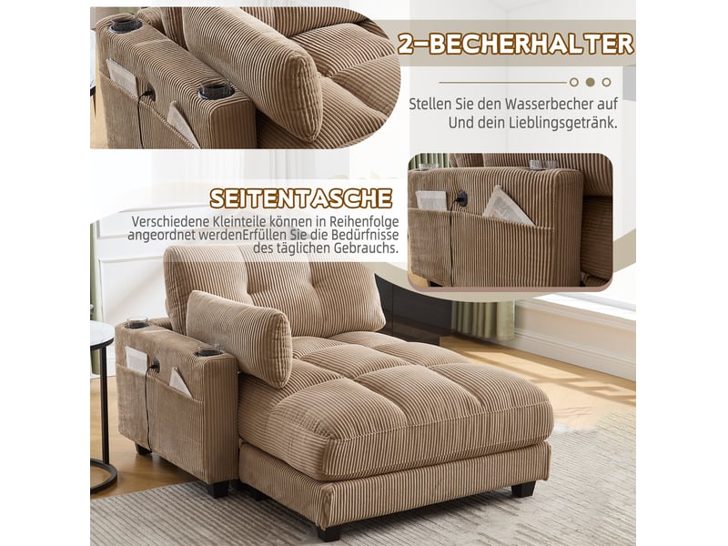  Fauteuil relax 1 place en velours côtelé kaki avec usb, rangements et porte-gobelets pour vos moments de détente  - Conforama D
