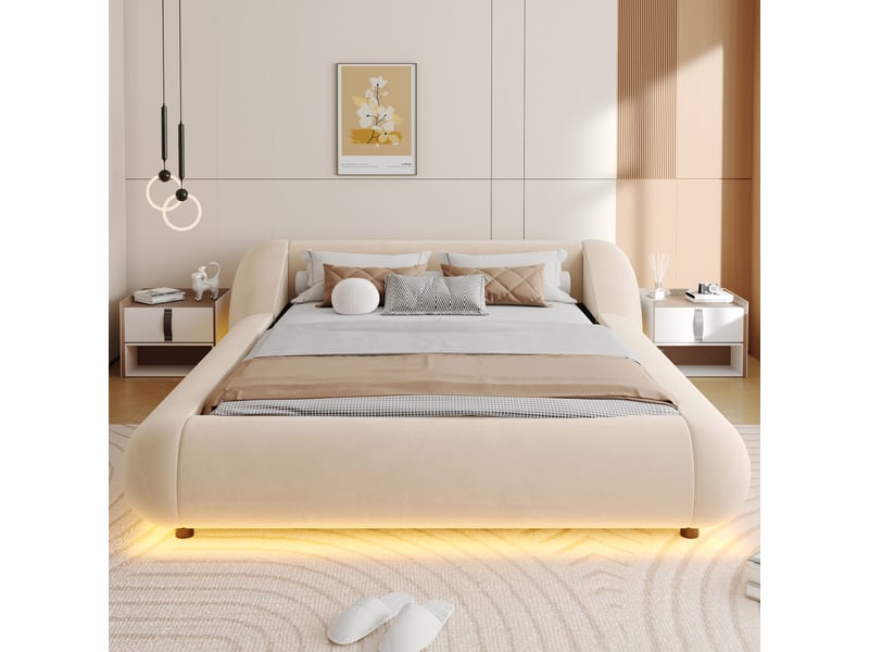  Lit 2 places 140x200 cm en velours avec tête de lit enveloppante, cadre flottant led, design arrondi moderne beige  - Conforama B