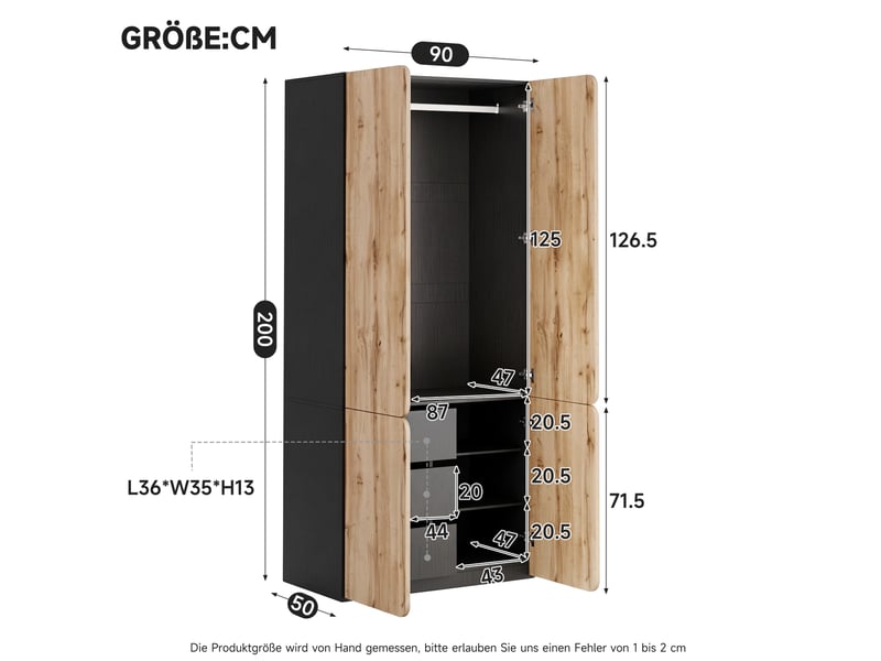  Armoire 4 portes avec penderie et 3 tiroirs 90x50x200 cm, effet chêne  - Conforama C