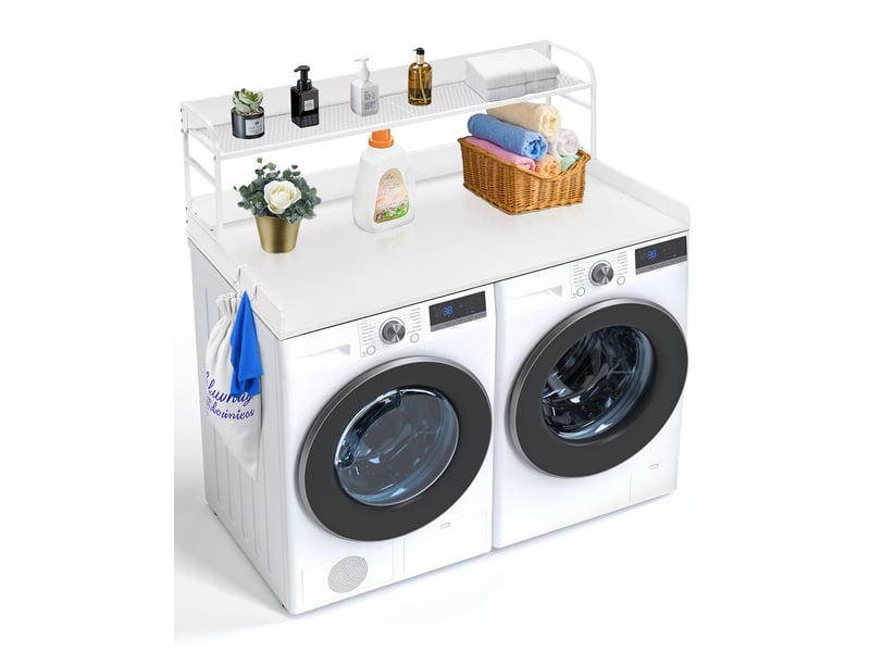  Comptoir pour lave-linge et sèche-linge 2 niveaux, plateau bois 1370 x 700 mm, crochets et coussinets antidérapants, blanc C240331S-03 - Conforama A