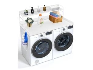 Comptoir pour lave-linge et sèche-linge 2 niveaux, plateau bois 1370 x 700 mm, crochets et coussinets antidérapants, blanc