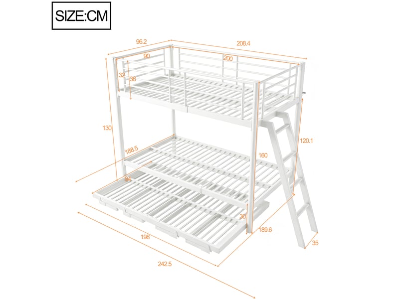  Lit superposé gigogne 90x200 cm fermé, couchage 180x200 cm ouvert, métal, 3 places, blanc sans matelas  - Conforama C