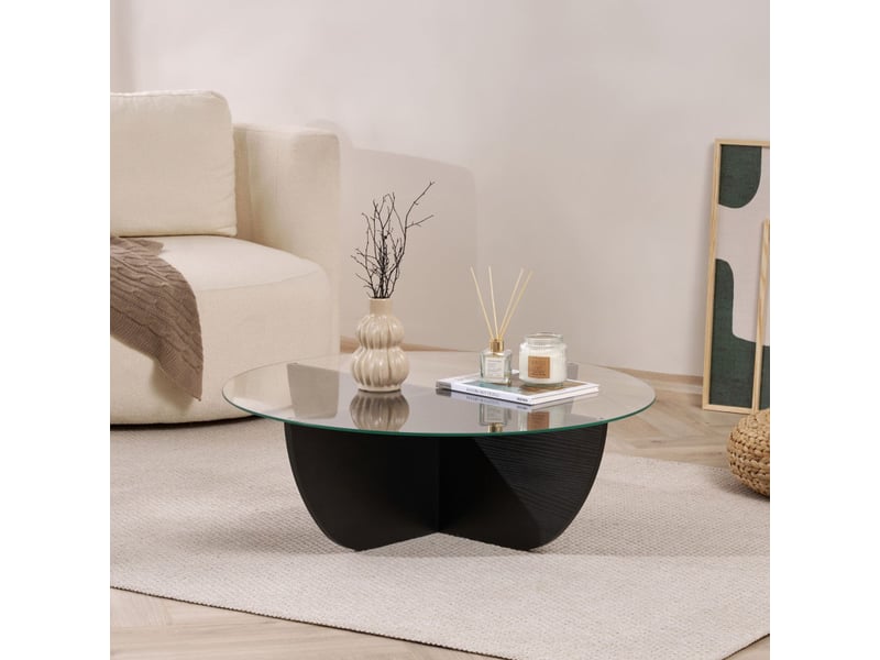  Table basse de salon en verre trempé et bois mdf mélaminé bois noir 90 x 90 x 30 cm  - Conforama C