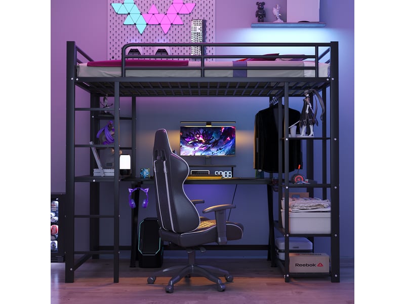  Lit mezzanine enfant 90 x 200 cm avec bureau, penderie ouverte, étagères et échelle, structure en métal noir, sommier à lattes, gain de place  - Conforama C