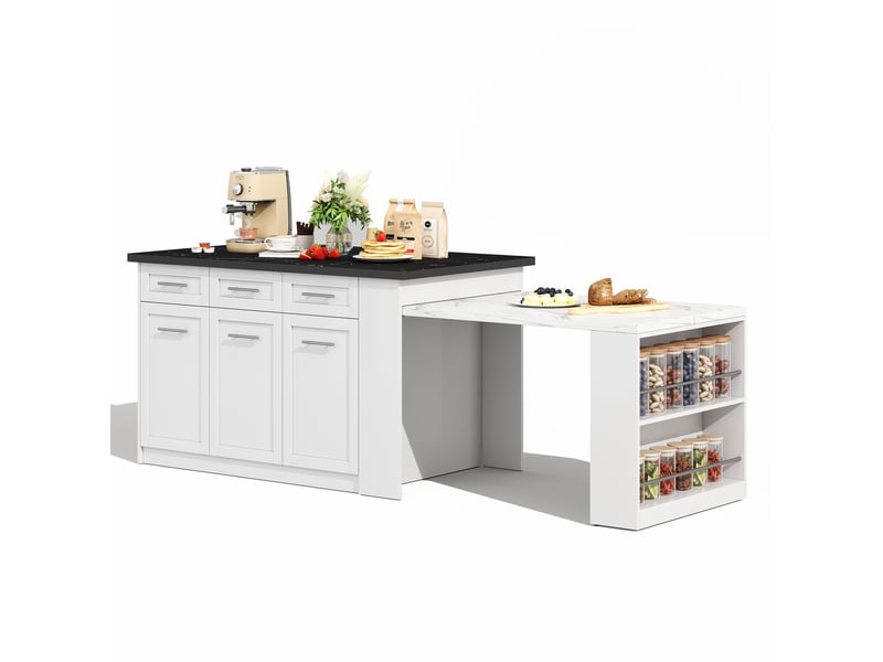  Îlot central avec table escamotable blanc, plan de travail effet marbre, rangement intégré, 150x90x90cm  - Conforama C