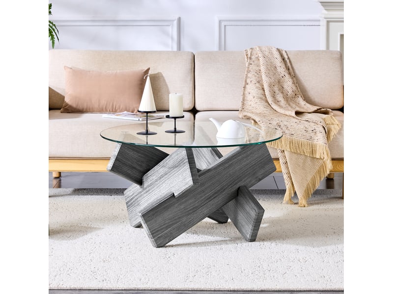  Table basse ronde avec plateau en verre et piètement croisé, style moderne, en mdf et verre, gris transparent  - Conforama C