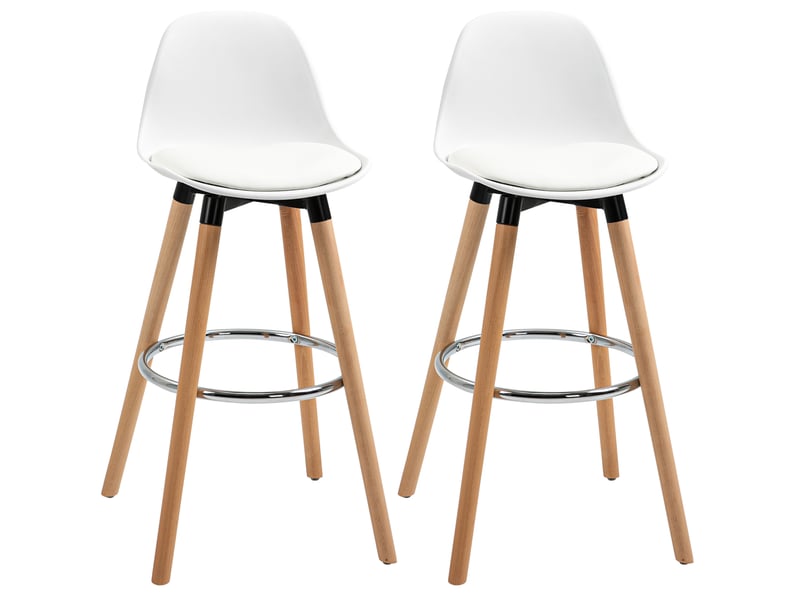  Lot de 2 tabourets de bar avec dossier incurvé et repose-pieds, style scandinave, en cuir synthétique blanc  - Conforama A