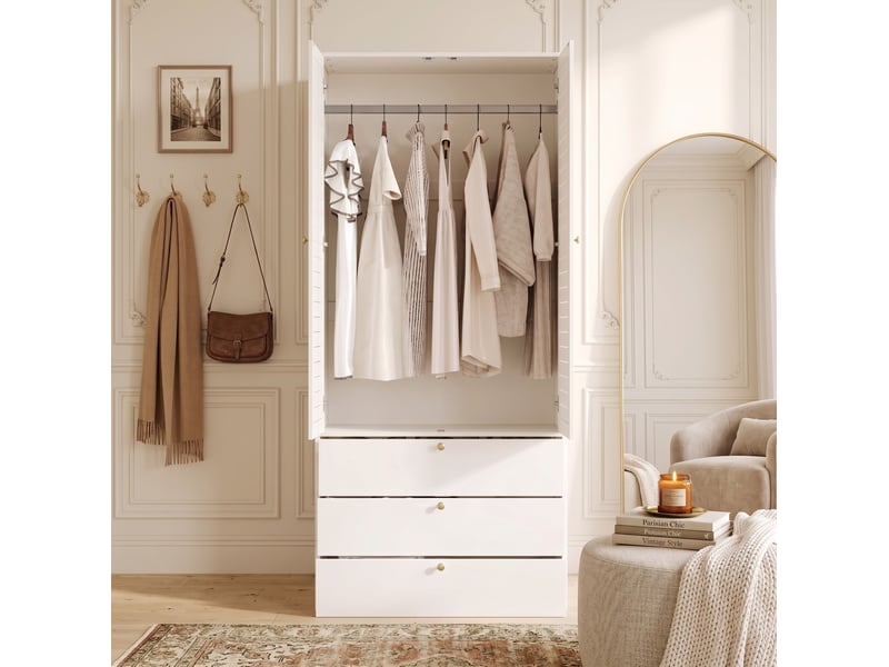 Armoire tcqpz 2 portes battantes à lamelles 90 x 50 x 200 cm avec penderie et 3 tiroirs blanc - Conforama E