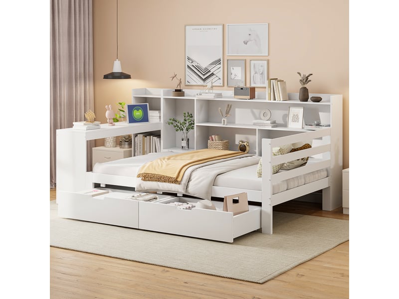  Lit multifonction 90x200 cm avec bureau, rangements et prise, pin blanc, sans matelas  - Conforama R