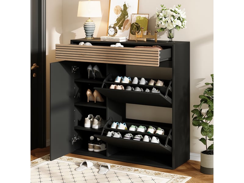  Meuble à chaussures - 100x35x105cm - 2 portes abattantes, 1 grand tiroir &amp; 1 placard avec charnières soft-close - noir &amp; bois  - Conforama D