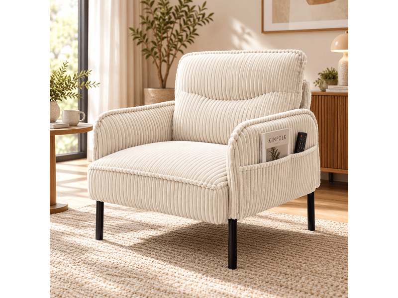  Fauteuil de salon - fauteuil 1 place en velours tricoté avec accoudoirs et poches latérales, petit fauteuil rembourré, beige  - Conforama B