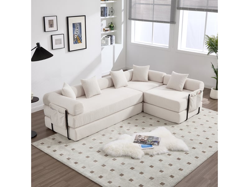 Canapé d'angle droit convertible 4 places tissu beige canapé d'angle beige - Conforama B
